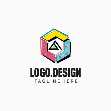 Colorful Geometric Triangle Logo with Memphis Style Pattern
