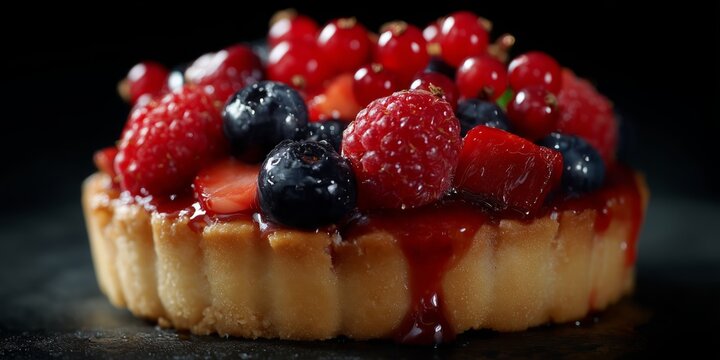 Delicious mixed berry tart with fresh raspberries, blueberries, red currants