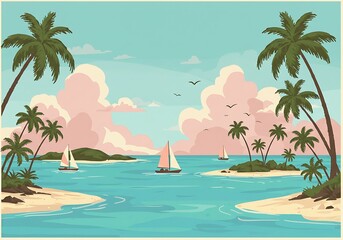 Obraz premium Tropical island scene with sailboats and palm trees under a pastel sky