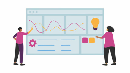 Two people interacting with a large screen displaying graphs gear icon and a lightbulb illustration