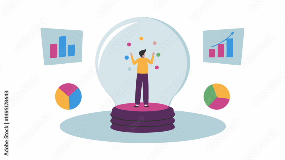 Poster a cartoon man juggling colorful balls inside a lightbulb with charts and graphs surrounding the scen