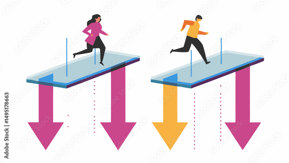 Poster two people running on platforms with arrows pointing down representing direction and movement of ind