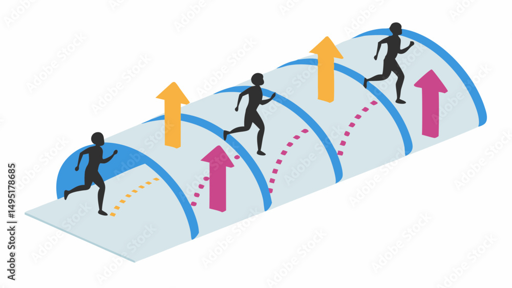 Aufkleber isometric view of runners progressing through a tunnel with upward arrows indicating advancement and