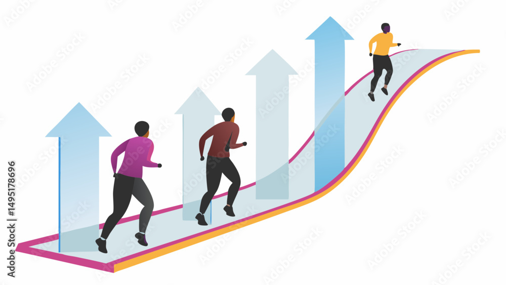 Poster people running uphill on a path with arrow graphics indicating progress and upward movement concept