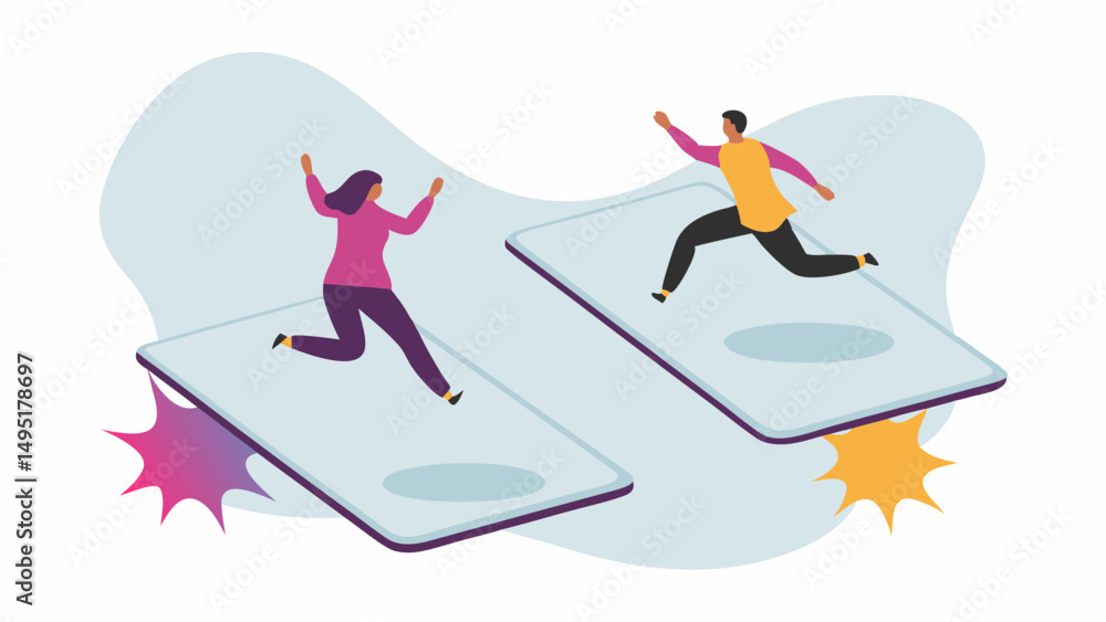 Poster two people running on separate phone screens with abstract backgrounds and starburst shapes below