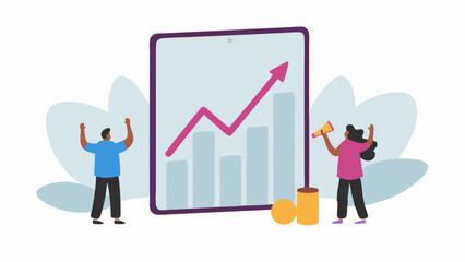 People celebrating in front of a screen showing a graph with an upward trending line and bar chart