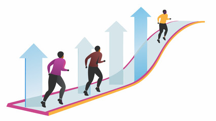 People running uphill on a path with arrow graphics indicating progress and upward movement concept