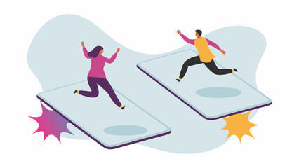 Fototapeta premium Two people running on separate phone screens with abstract backgrounds and starburst shapes below