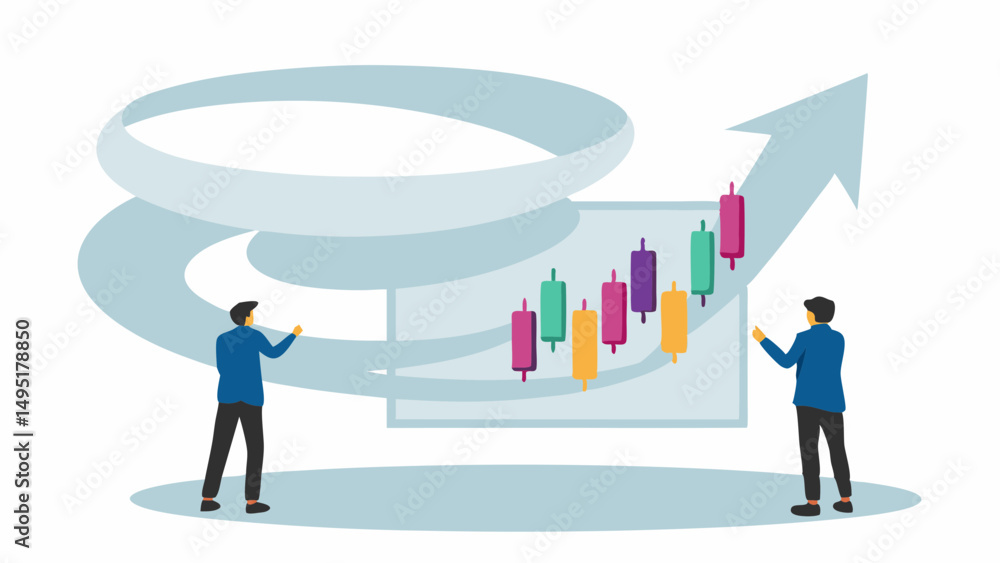 Poster two people standing near a stock chart with an upward arrow and a swirling shape in the background d