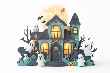 Spooky halloween haunted house 3d render cute ghosts and moon