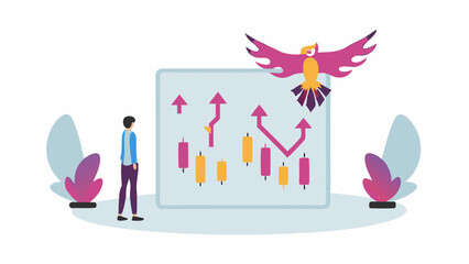 Illustration of a person looking at a stock chart with a bird perched on top of the chart board
