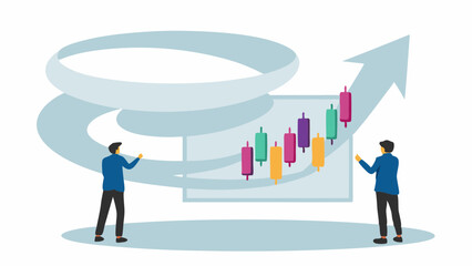 Fototapeta premium Two people standing near a stock chart with an upward arrow and a swirling shape in the background design
