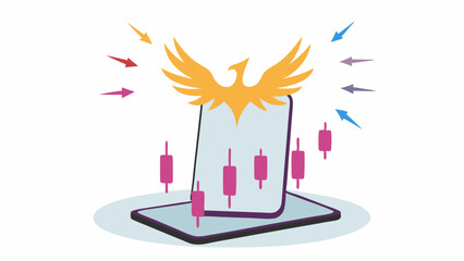 Illustration of a golden phoenix above a phone displaying stock market candles with arrows around it