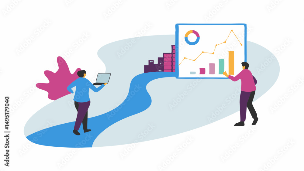 Poster two people analyzing data on a chart with bar graphs and a pie chart, one holding a laptop on a path