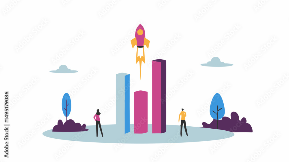 Poster illustration of a rocket launching above bar graphs with people and trees in a landscape setting vie