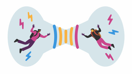 Two figures in flight within separate light blue shapes connected by colorful lines and lightning bolts