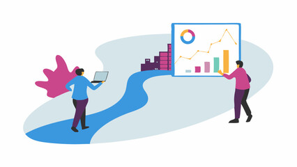Two people analyzing data on a chart with bar graphs and a pie chart, one holding a laptop on a path