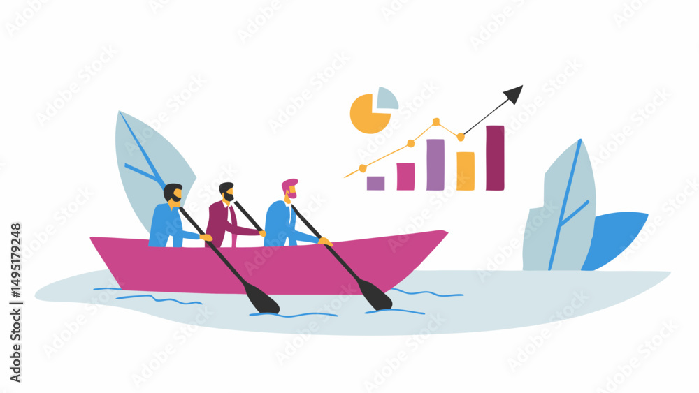 Poster three business people rowing a boat with oars in water with data charts and graphs in the background