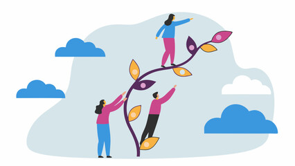 Illustration of three people interacting with a stylized plant against a cloudy background scene