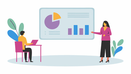 Illustration of a woman presenting a chart to a man working on a laptop in a business setting