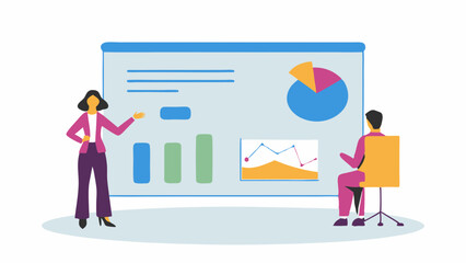 Woman presenting charts and graphs to a seated person in a business meeting presentation setting room