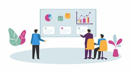 Presentation of business data with charts and graphs by team members in a modern office space setting