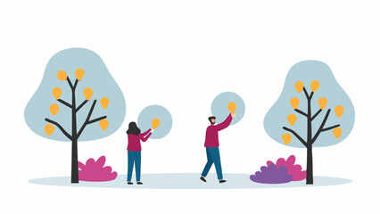 People harvesting fruit from trees in a stylized orchard with bushes and light blue background shades