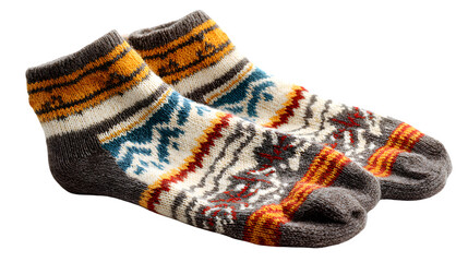a cozy pair of wool socks with fall patterns, isolated on white background