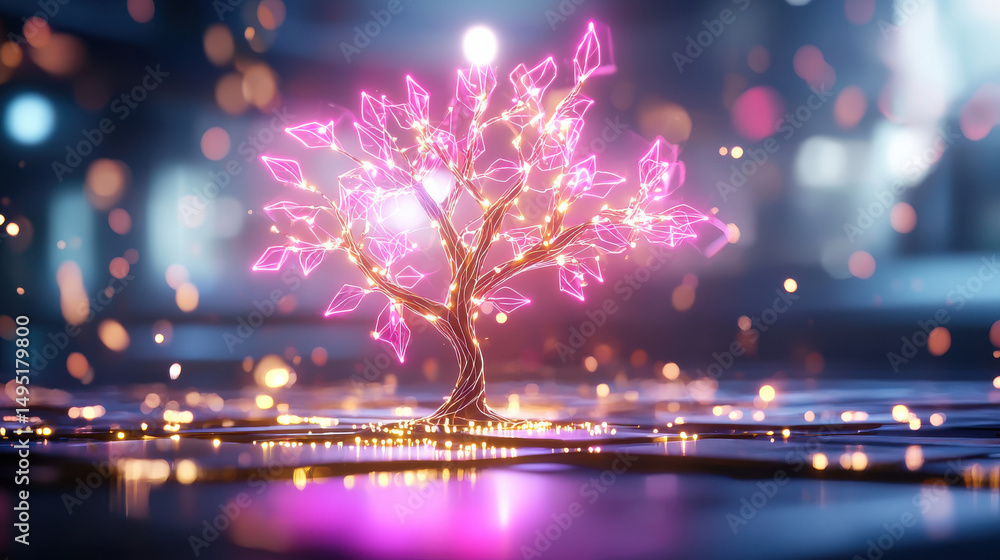 Poster surreal depiction of glowing tree with vibrant pink branches and sparkling lights, creating magical 