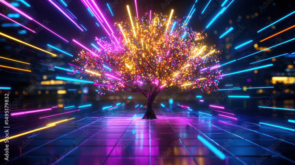 Poster surreal depiction of glowing tree with vibrant branches illuminated by colorful lights, creating mag