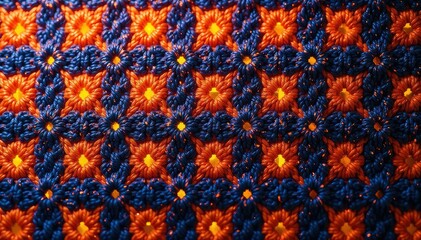 Intricate woven textile with repeating geometric shapes , close-up, retro