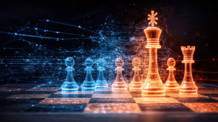 Surreal depiction of chess game featuring glowing pieces blue and orange hues, symbolizing strategy and competition digital landscape. vibrant colors and intricate details evoke sense