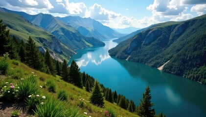 Long, winding lake meandering through valley, showcasing diverse shoreline vegetation, photo, valley