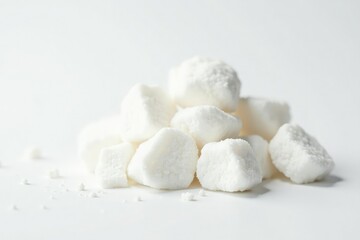 Lumps of refined white sugar against white backdrop, texture, refined sugar, white backdrop