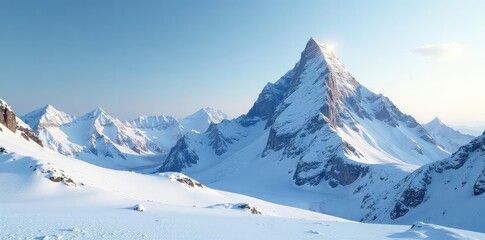 Mountain peak rising above snow-covered terrain, expansive, untouched, highland
