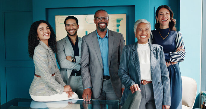 Portrait, group and business people in office, investment and diversity with confidence, finance advisor and smile. Face, accounting and employees in workplace, partnership and support with pride