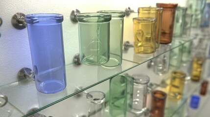 Cleanroom storage shelf with various pharmaceutical vials arranged in rows by color: clear, blue, amber, green.
