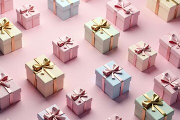 Pastel coloured small gift boxes, whimsical repeating pattern, baby, background