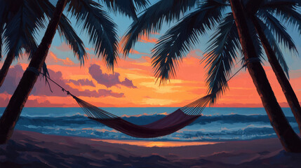 Tranquil beach scene featuring hammock tied between palm trees, with stunning sunset illuminating sky in vibrant colors. waves gently lap at shore, creating serene atmosphere
