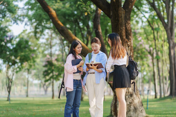 Obraz premium Three Asian female students sharing notes and studying together in a vibrant green campus park, enjoying the outdoors and each other's company