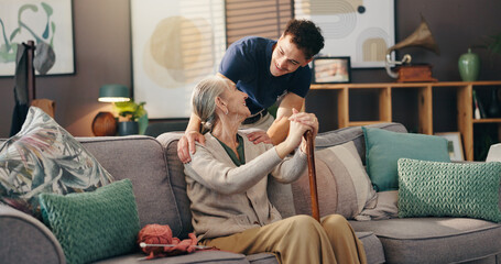 Senior woman, nurse and sofa with assisted living for healthcare service at old age home....