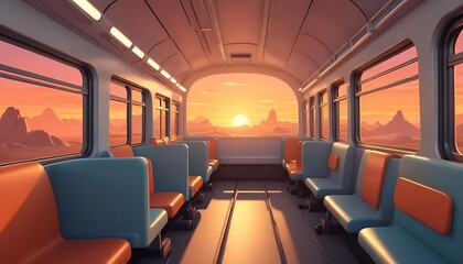 Fototapeta premium Scenic Train Ride at Sunset: Journey Through a Picturesque Landscape