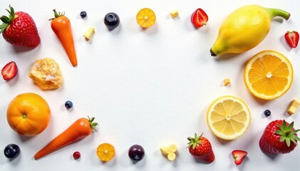 Scattered assorted junk food items on pristine white, unhealthy eating, chocolate, white background
