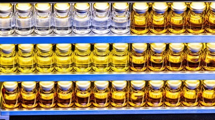 Cleanroom storage shelf with various pharmaceutical vials arranged in rows by color: clear, blue, amber, green.