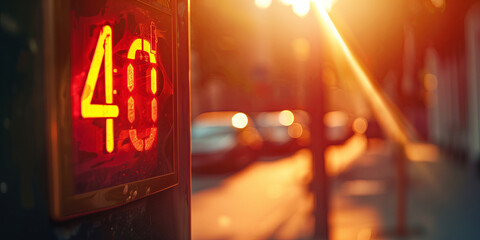 Street thermometer showing 40 Celsius degrees on a city street during heat wave.