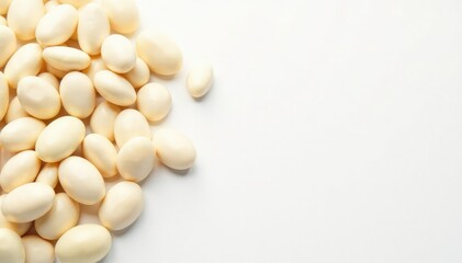 Scattered white beans on pristine white background, pulses, cooking ingredient