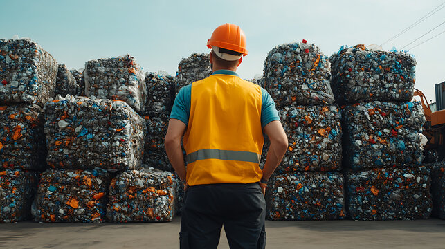 Worker oversees bales of recycled plastic. Sustainability and environmental responsibility are paramount. Plastic waste management essential for a cleaner future.