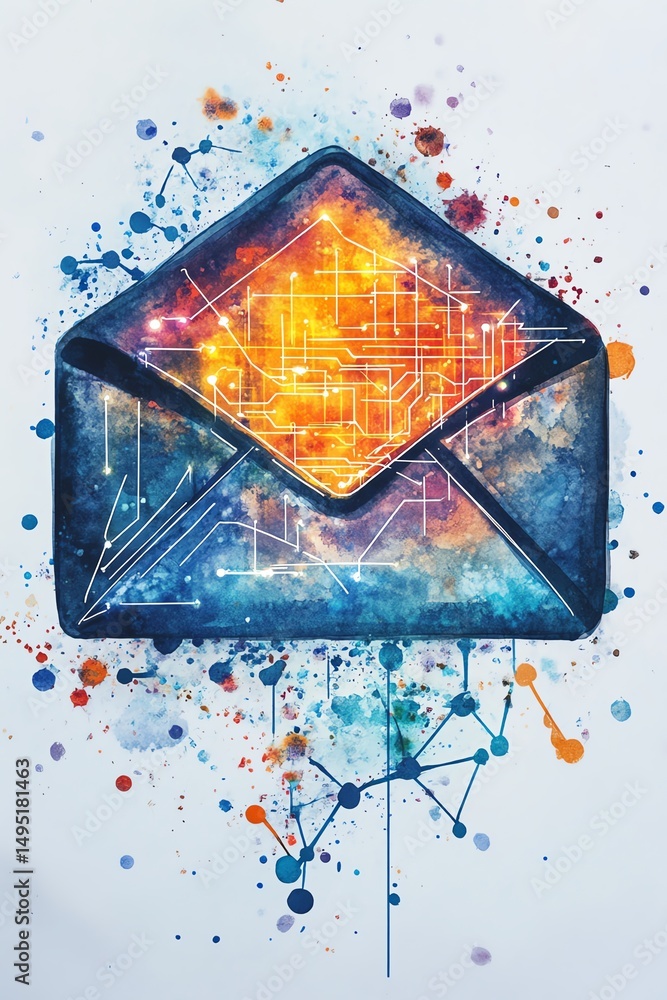 Poster isolated watercolor illustration of envelope with technology network and data storage elements, repr