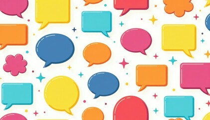 Seamless pattern of colorful speech bubbles on white background, illustration, simple, whimsical
