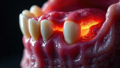 Severely inflamed gum surrounding infected tooth, periodontitis, red